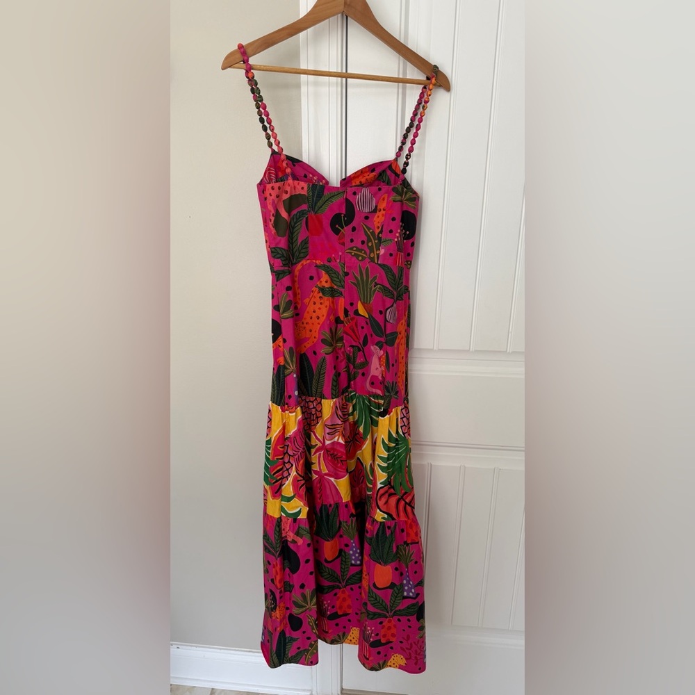 Farm Rio Tropical Print Maxi Dress, Bead Straps, Ruffle Hem, Size S - Picture 4 of 6